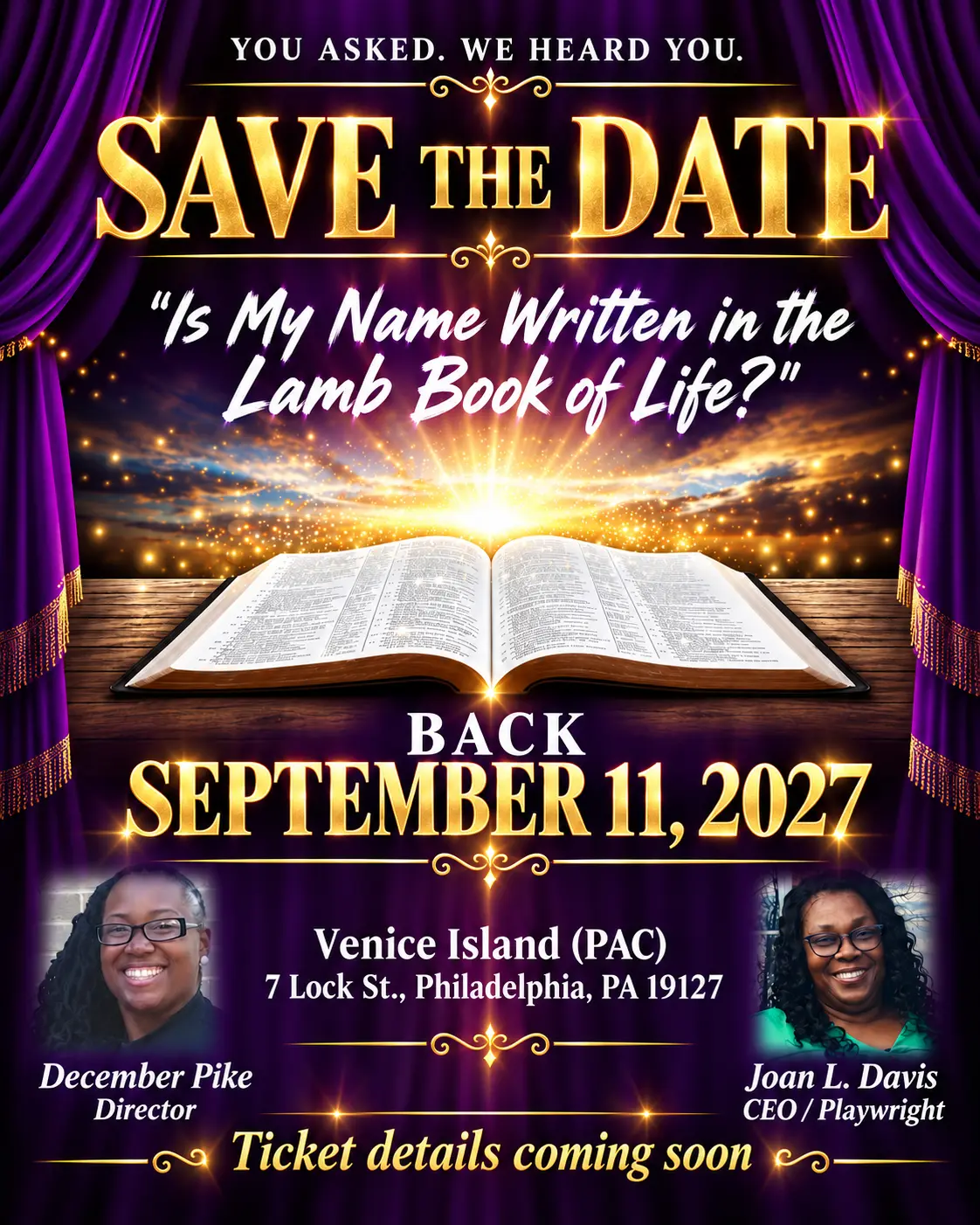 Save the Date flyer: Is My Name Written in the Lamb Book of Life? — September 11, 2027 at Venice Island (PAC), Philadelphia