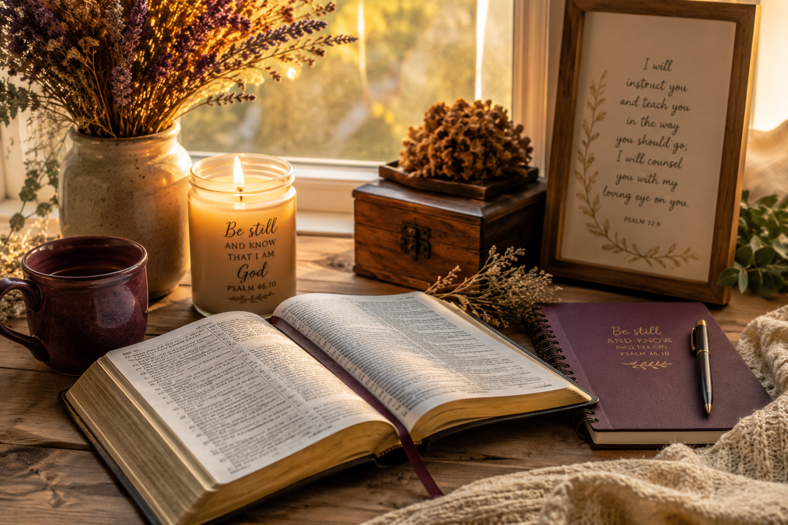 Open Bible, lit candle, journal, and tea by a sunlit window — a sacred pause
